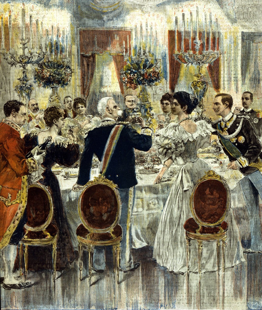 Il banchetto nuziale degli sposi Vittorio Emanuele III ed Elena del Montenegro si tiene al Palazzo del Quirinale, Roma. 1896. da Italian School