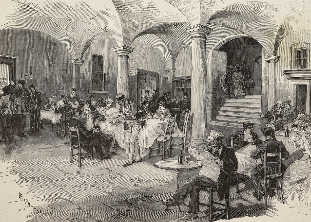 Passeggeri di terza classe e passeggeri di prima classe in quarantena, disinfezione dei bagagli, castello di Quarcino, al confine svizzero, epidemia di colera, Italia, incisione di Mancastropa da disegno di Bonamore, da L