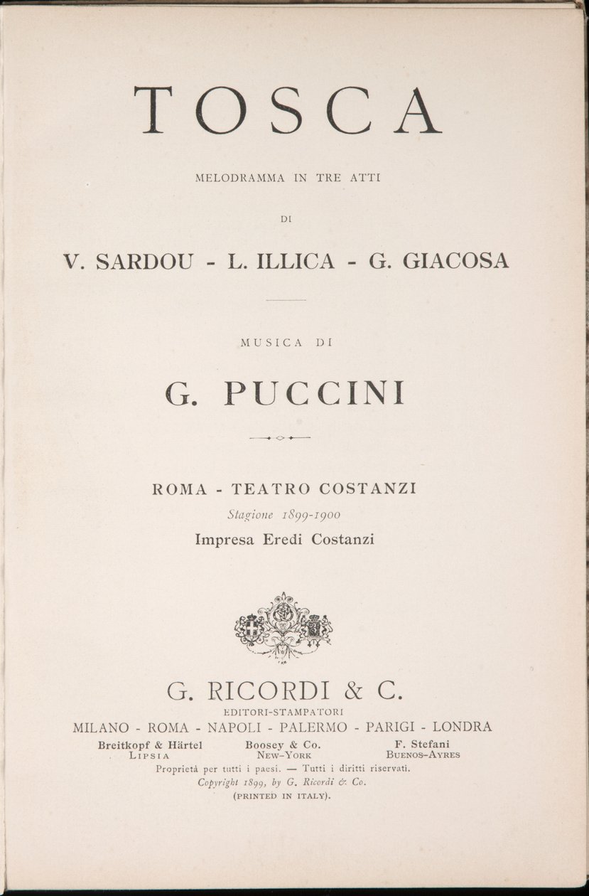 Pagina del titolo, Libretto della Tosca, di Giacomo Puccini, Edizione Ricordi, Italia da Italian School