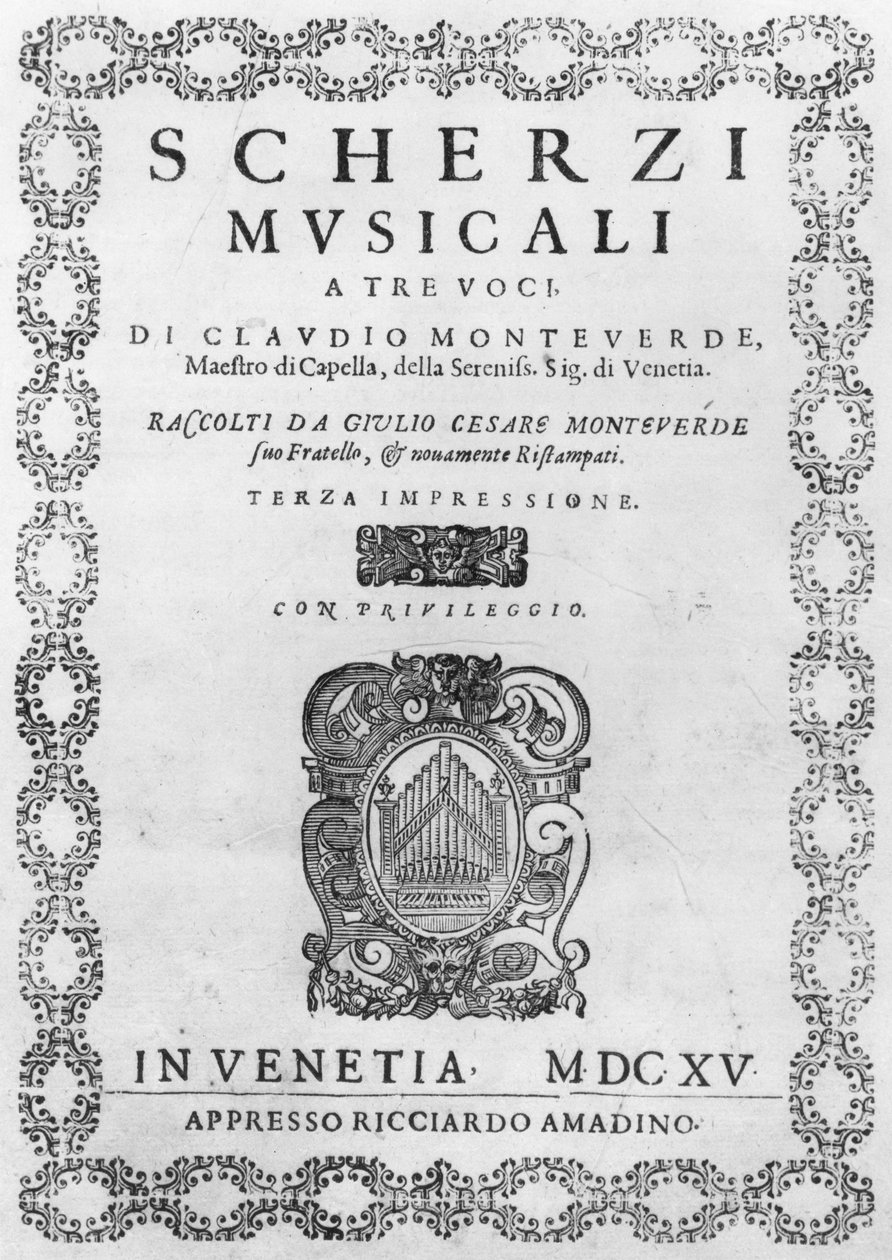 Pagina del titolo di Scherzi Musicali di Claudio Monteverdi (1567-1643) 1615 da Italian School