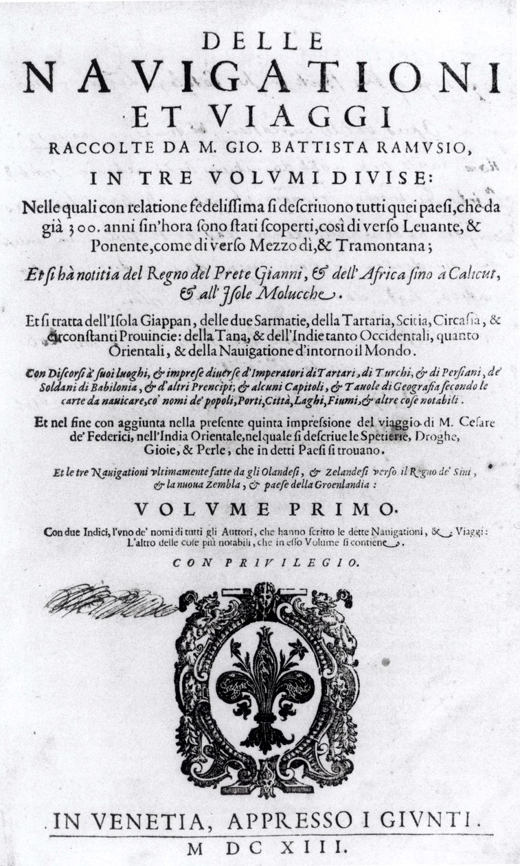Pagina del titolo del volume I di Delle Navigationi et Viaggi di Giovanni Ramusio (1485-1557) pubblicato nel 1613 da Italian School