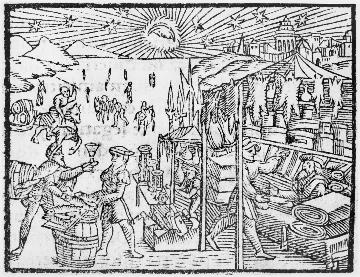 Commercio in Scandinavia, illustrazione da Historia de Gentibus Septentrionalibus di Olaus Magnus (1490-1558), pubblicato a Roma, 1555 da Italian School