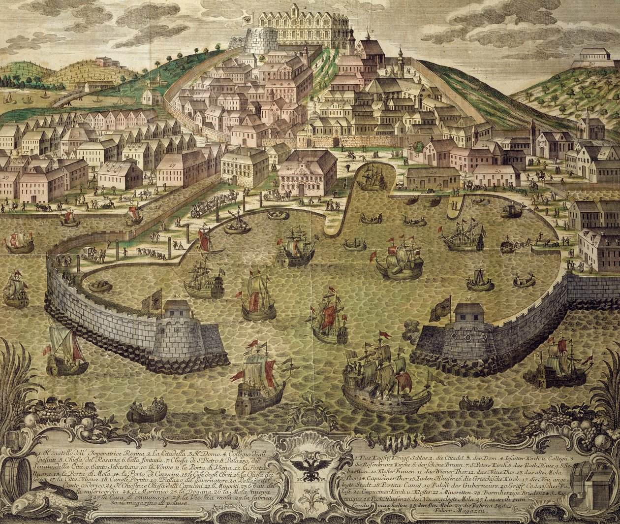 Città di Trieste e il suo porto franco, incisione colorata, Italia da Italian School