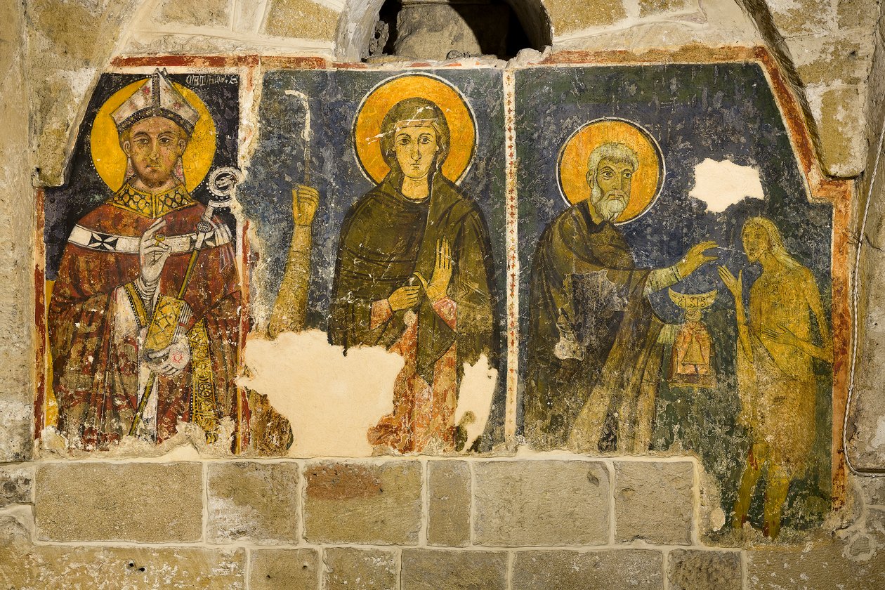 Trittico raffigurante a partire da sinistra San Cataldo, La Maddalena e San Zosimo che amministrano la comunione a Santa Maria Egiziaca, Cripta della Cattedrale da Italian School
