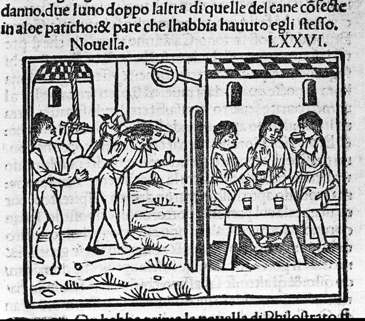 Due uomini che trasportano un maiale sulle spalle. Illustrazione per la novella 76 (Novella 6 dell