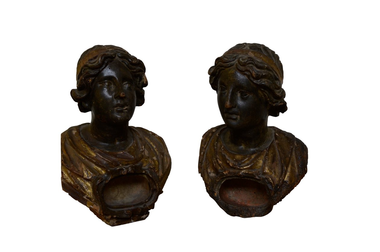 Due busti reliquiari policromi e dorati (legno) da Italian School