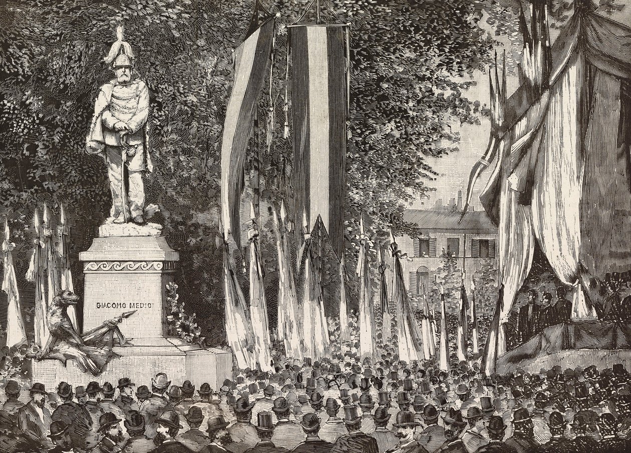 Inaugurazione del monumento al Generale Giacomo Medici, Milano, incisione da disegno di Edoardo Ximenes da fotografia di Rossi, da L