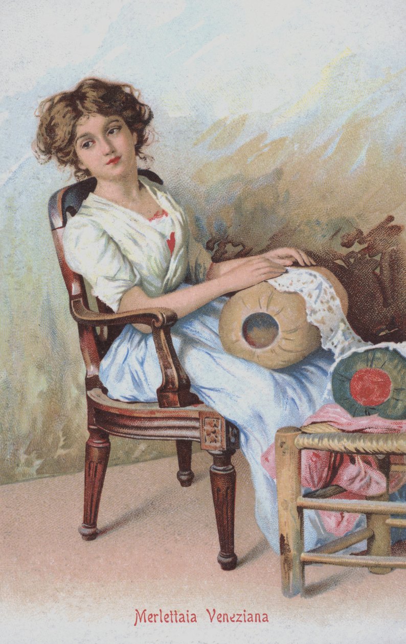 Merlettaia veneziana, Italia (chromolitho) da Italian School