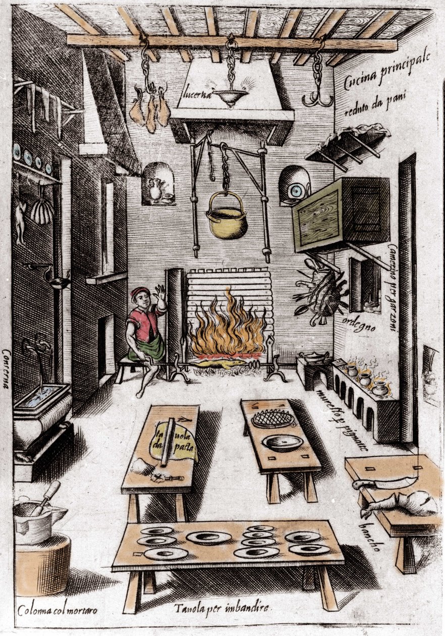 Veduta di una cucina. Incisione da 