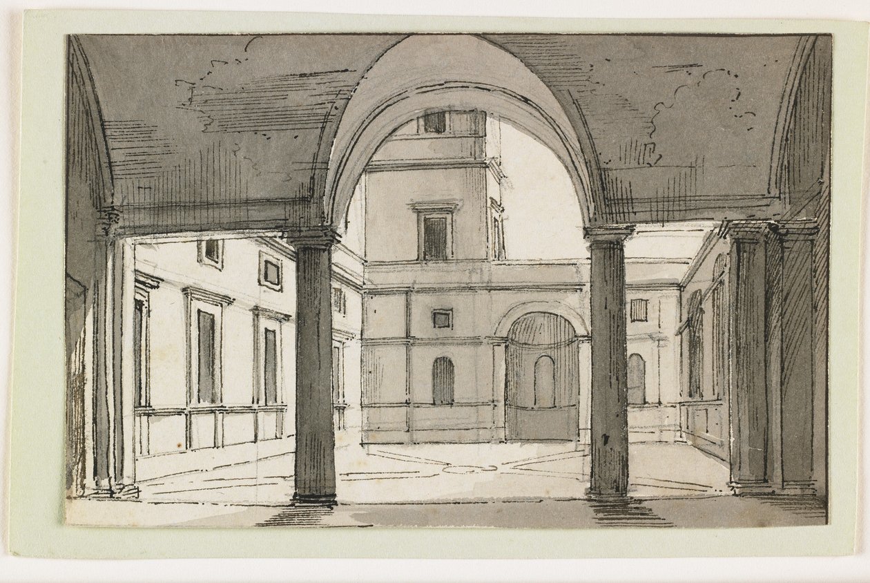 Veduta di un colonnato e cortile italiano, inizio XIX secolo da Italian School