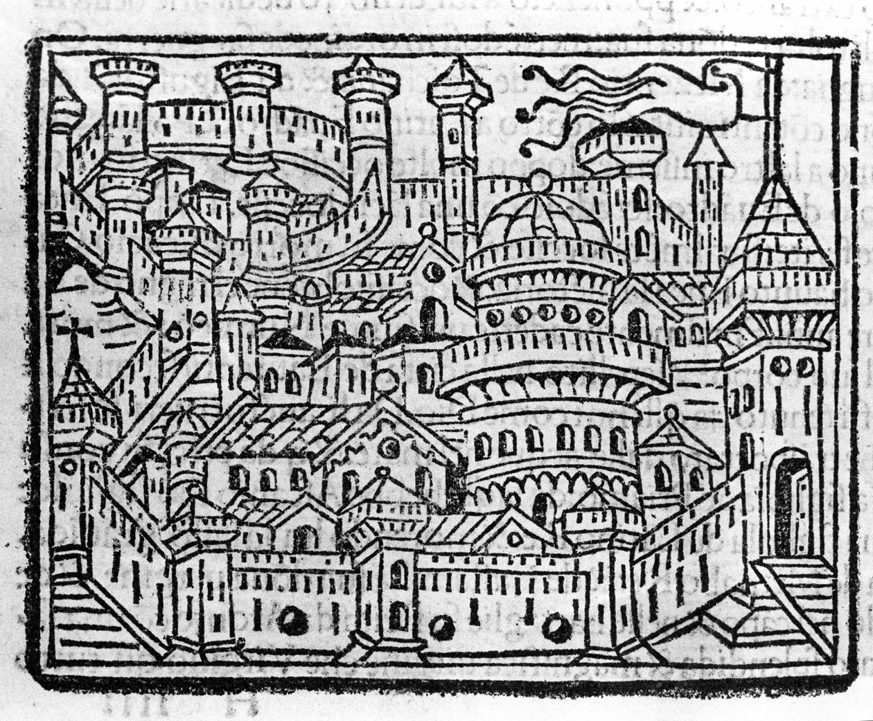 Veduta della città di Aosta in Italia. Incisione in "Supplemento alle cronache" di Fra Jacopo Filippo Foresti, Venezia da Italian School