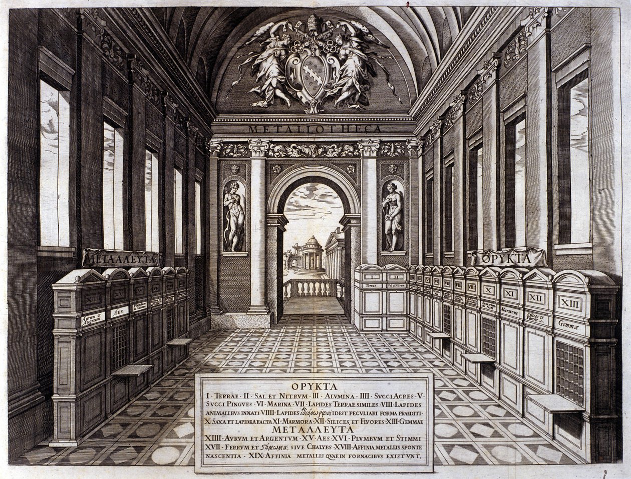 Veduta del museo di Michele Mercati (1541-1595), sovrintendente dei Giardini Botanici Vaticani. Incisione da Metallotheca... Roma 1717 - 1719 da Italian School