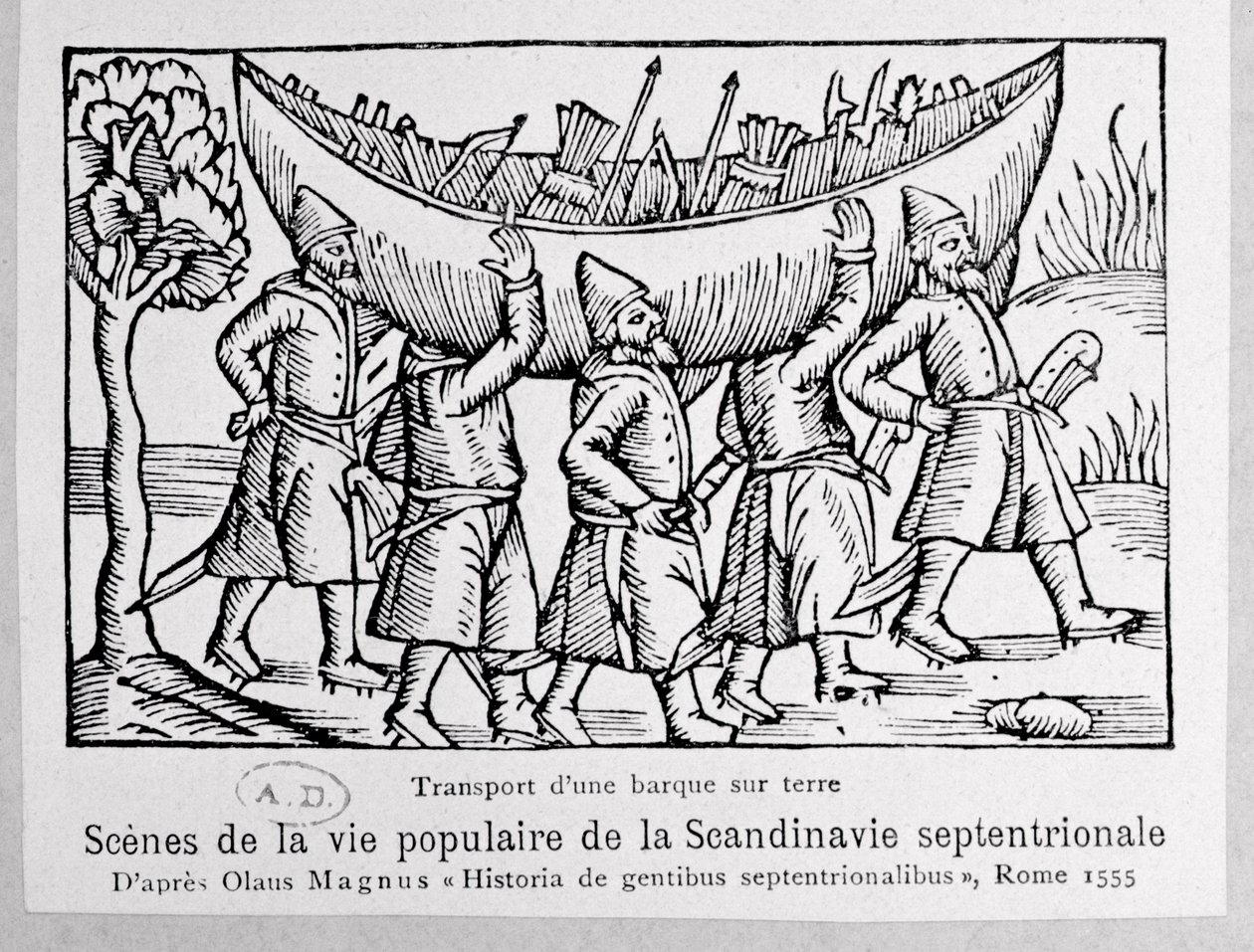 I Vichinghi trasportano una barca in Russia, illustrazione da Historia de Gentibus Septentrionalibus di Olaus Magnus (1490-1558), pubblicata a Roma, 1555 da Italian School
