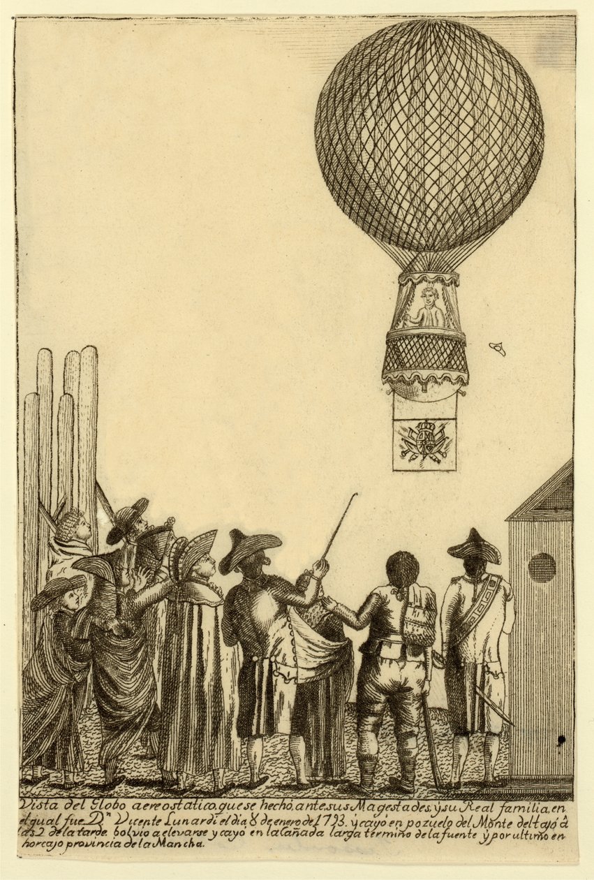 Vista del globo aerostatico che si fece davanti alle loro maestà, pub. 1793 da Italian School