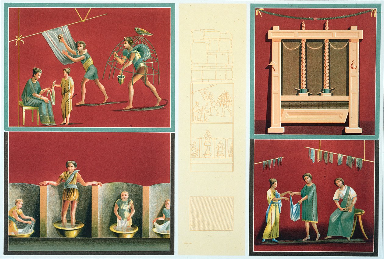 Lavaggio e asciugatura della biancheria, copia da un affresco pompeiano da Italian School