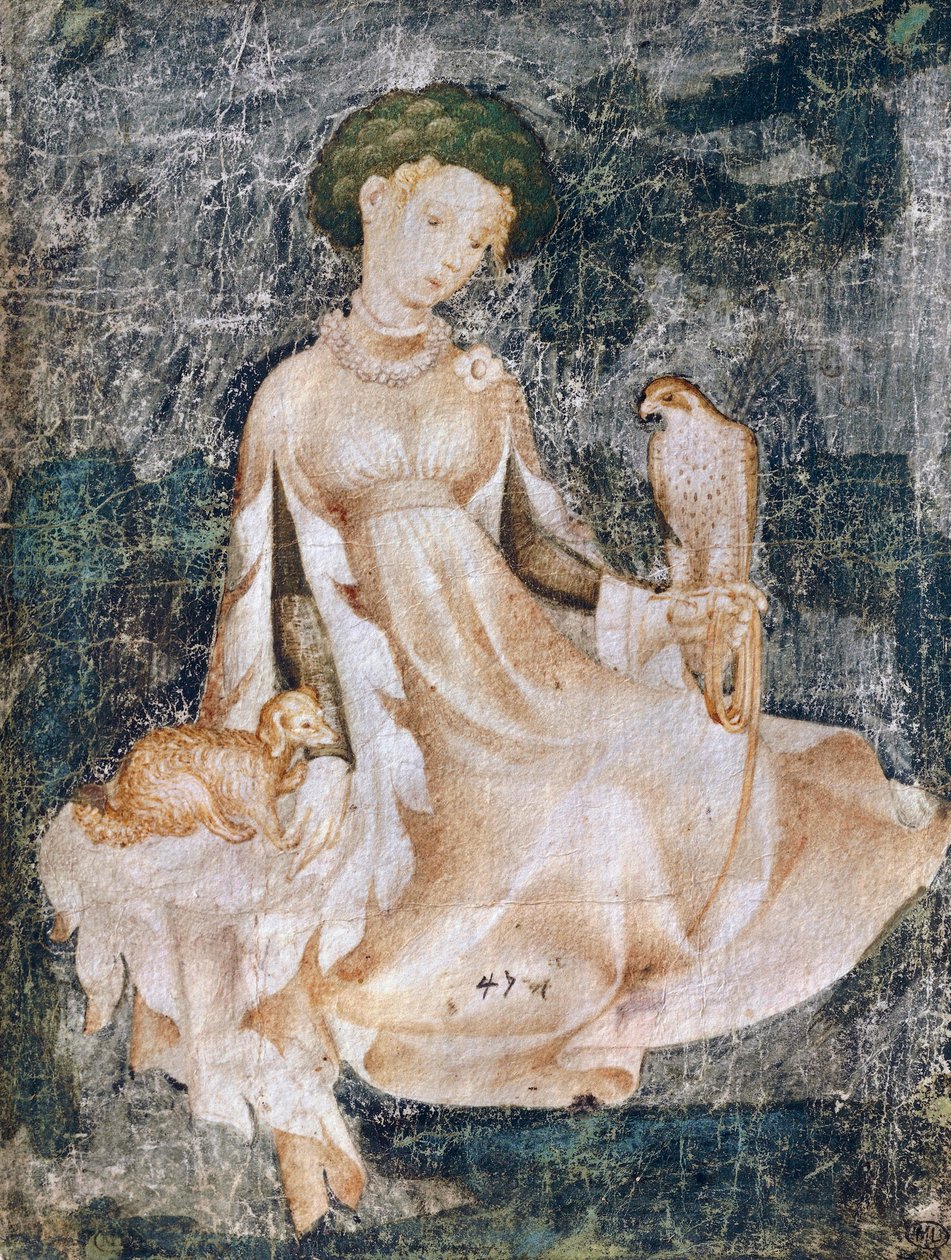 Donna seduta a terra con cane e falco, disegno ad acquerello, Francia da Italian School