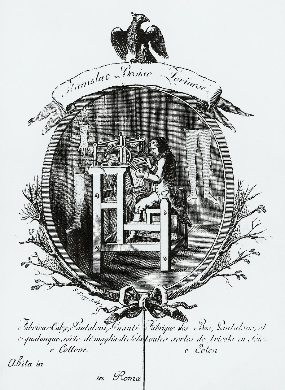 Lavoratore al telaio, immagine pubblicitaria di Stanislaus Bosisio Torinese, produttore di calze, pantaloni, guanti e ogni sorta di maglieria in seta e cotone, incisione, Italia da Italian School