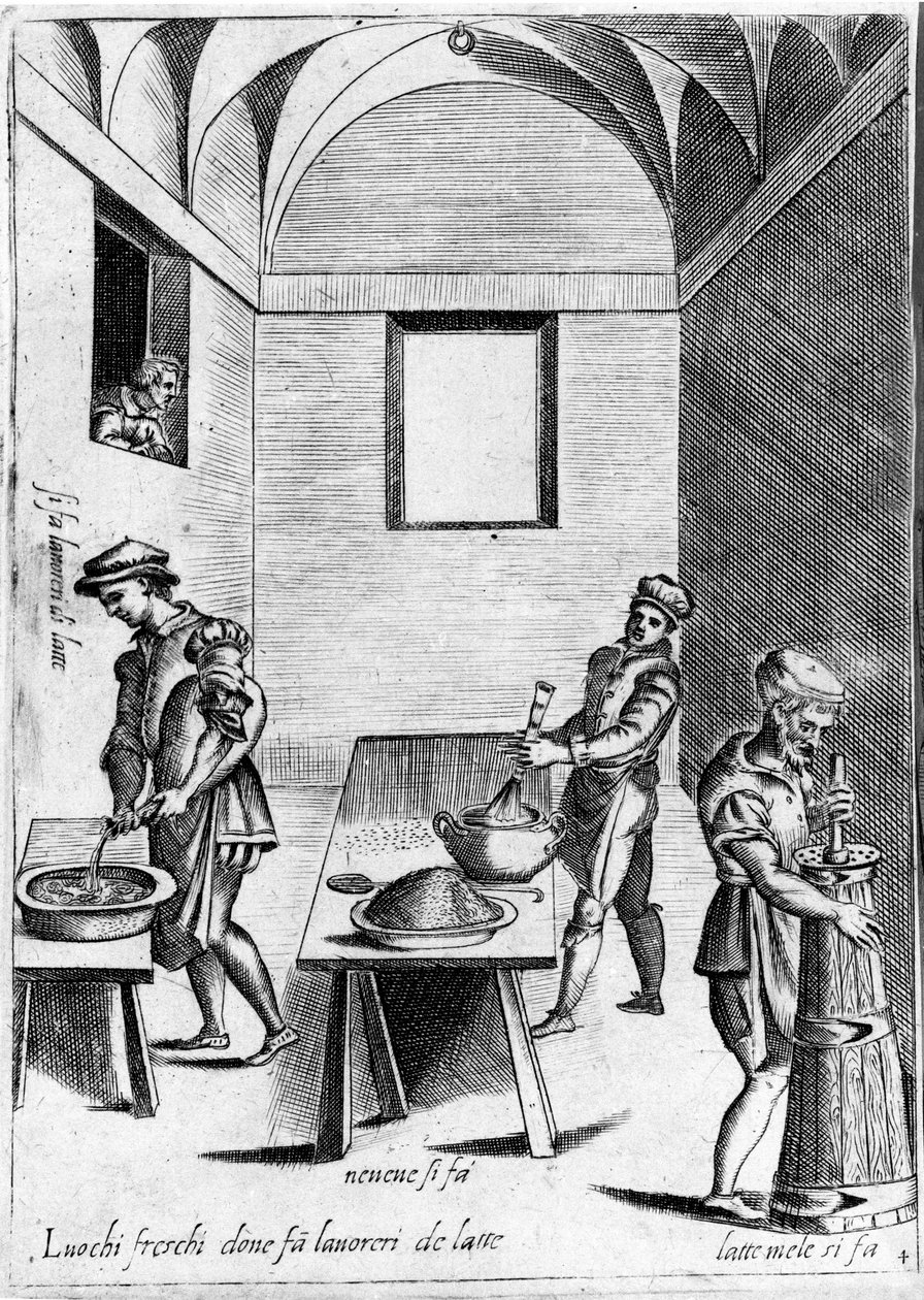 Lavorazione del latte (prodotto lattiero-caseario) in un luogo fresco. Incisione da "Opera", libro di gastronomia diviso in 6 parti, di Bartolomeo Scappi, cuoco personale di Papa Pio V. Venezia da Italian School