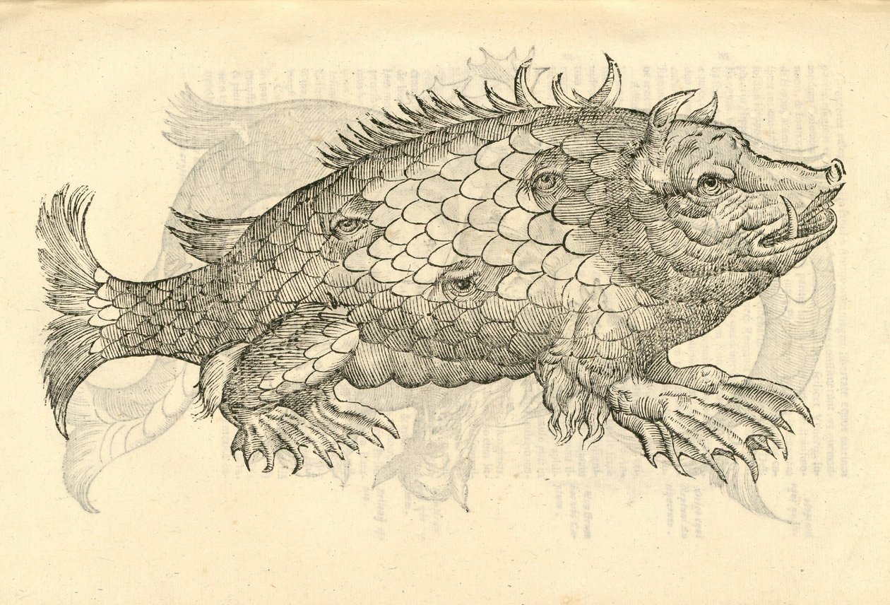 illustrazione di Monstrosus Sur marinus dalla Storia dei Mostri di Aldrovandi, 1642 da Italian School