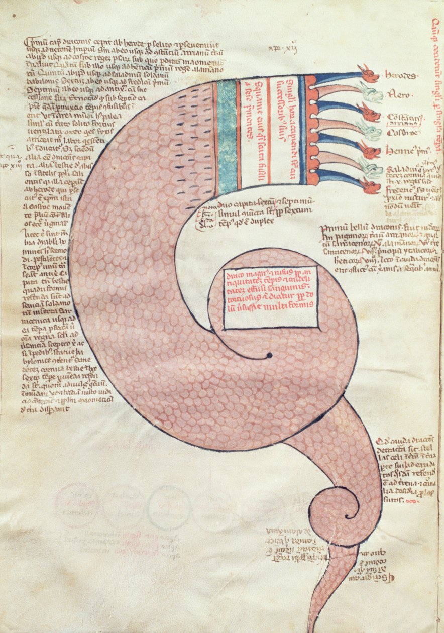 Pagina di testo con un drago apocalittico, dal Liber Figurarum e le Proemissioni Gioachimitiche di Gioacchino da Fiore da Italian School