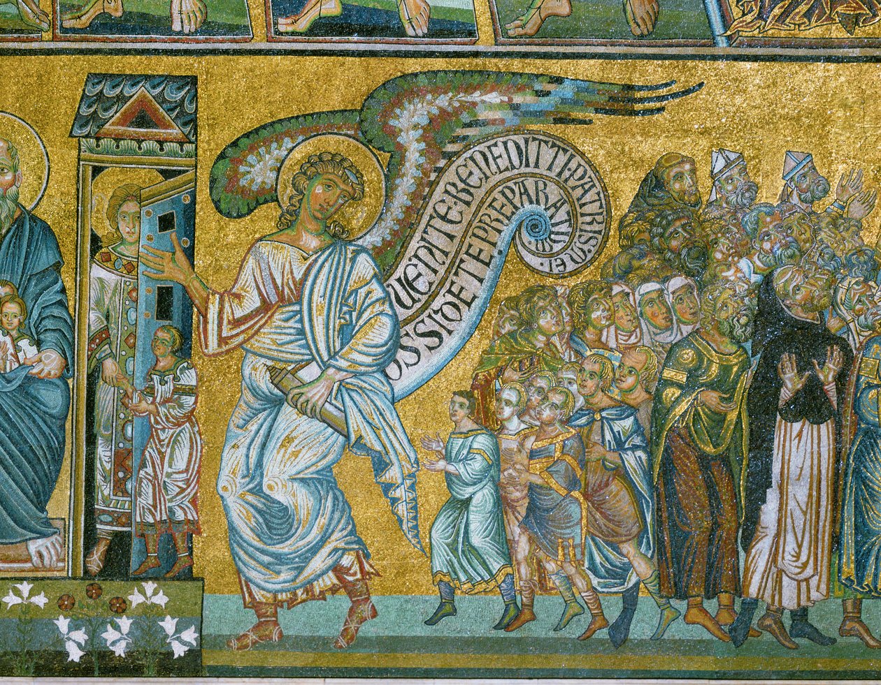 Un angelo che guida "il Giusto" (mosaico) da Italian school