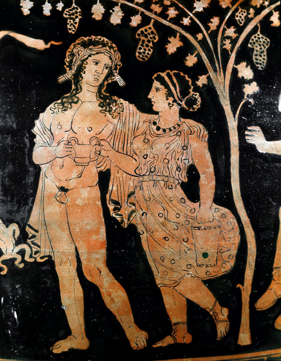 (dettaglio) di un vaso da Ruvo in Puglia raffigura una coppia di giovani sposi. Tengono in mano una coppa di vino. IV secolo a.C. Museo Archeologico Nazionale di Napoli da Italic