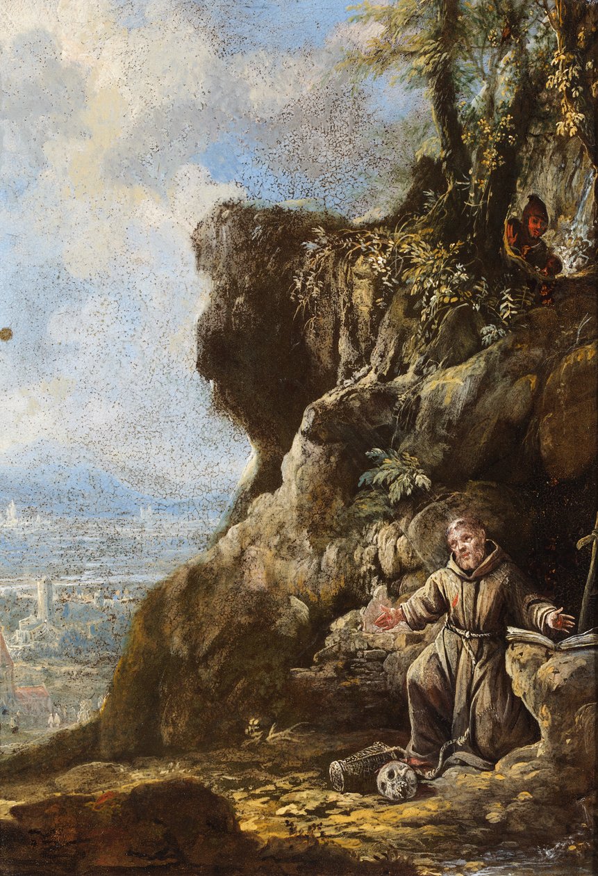 San Francesco in estasi presso uno sperone roccioso, oltre un paesaggio (olio su rame) da Italo-Flemish School