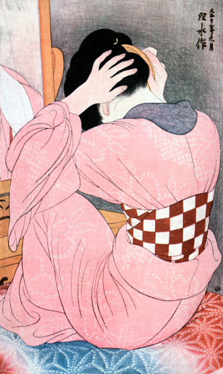 Una ragazza che si pettina, o, Donna con una sottocintura, c1921 da Ito Shinsui