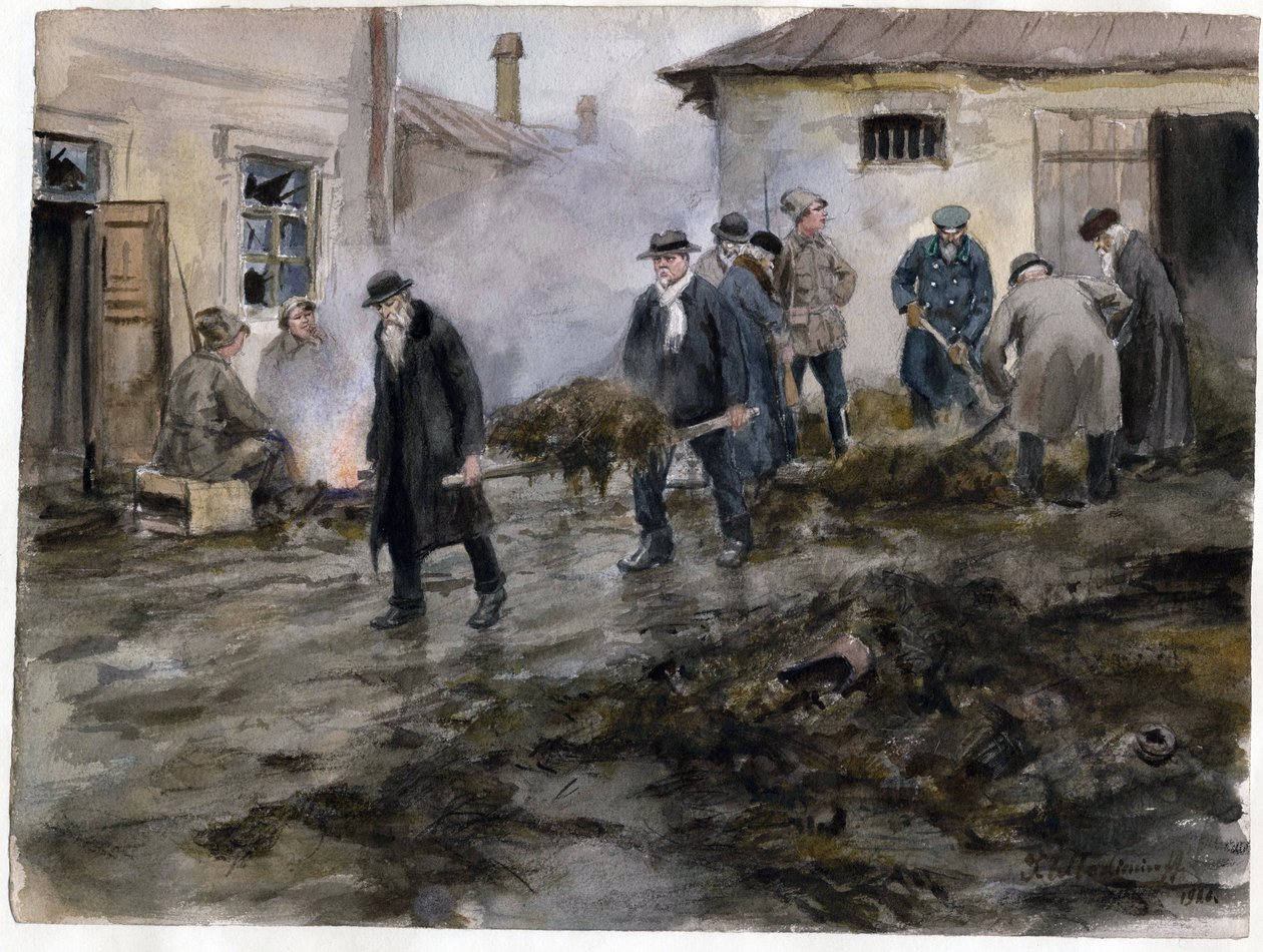 Borghese che pulisce una stalla (dalla serie di acquerelli Rivoluzione russa) - Vladimirov, Ivan Alexeyevich (1869-1947) - 1920 - Acquerello su carta - 25,8x34,4 - Collezione privata da Ivan Alexeyevich Vladimirov