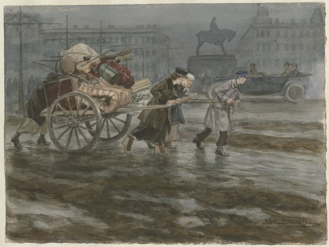 Famiglia che trasporta i propri beni su un carro dalla serie di acquerelli Rivoluzione russa, 1917-1918 da Ivan Alexeyevich Vladimirov