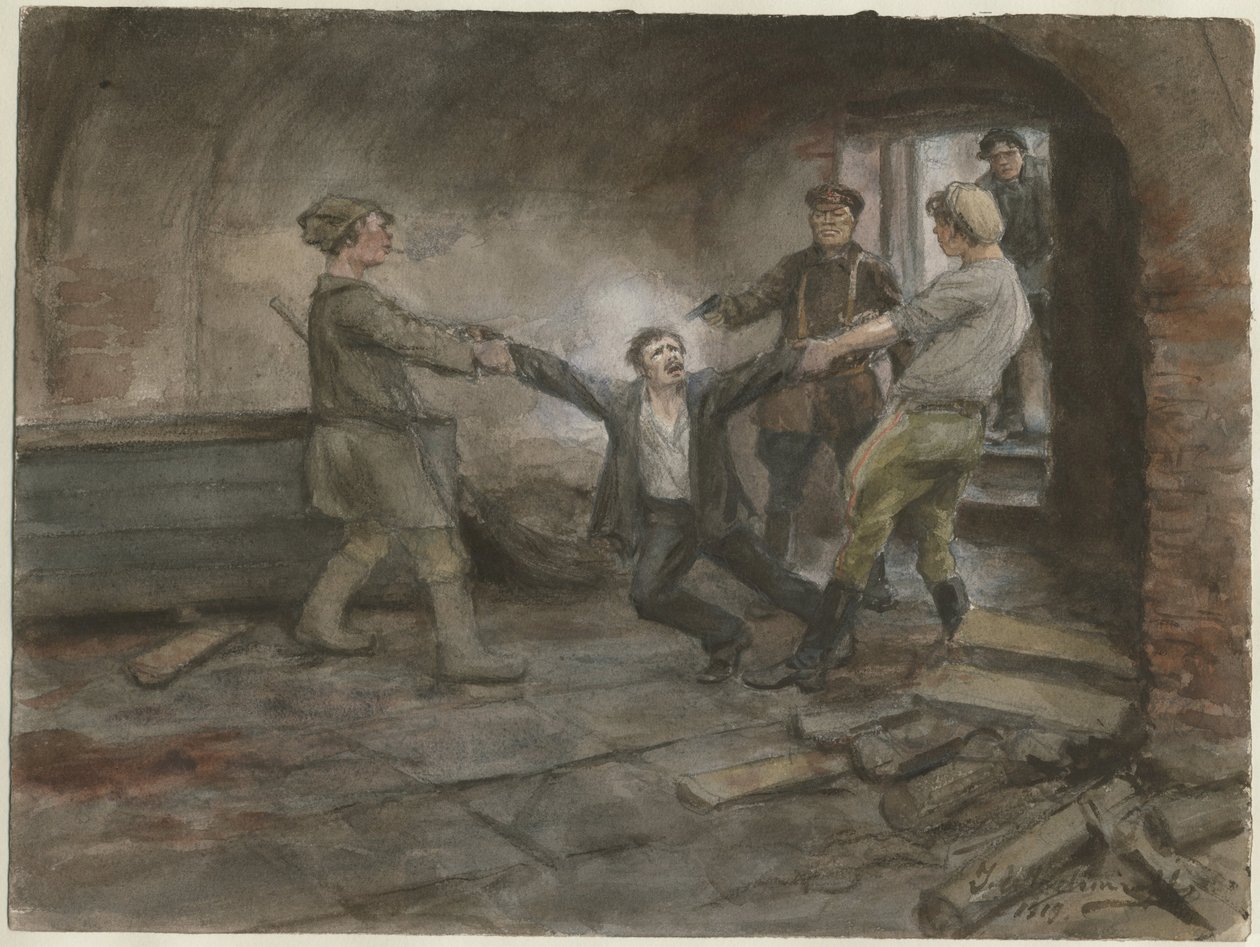 Uomo trattenuto ed eseguito dalla serie di acquerelli Rivoluzione russa, 1919 da Ivan Alexeyevich Vladimirov
