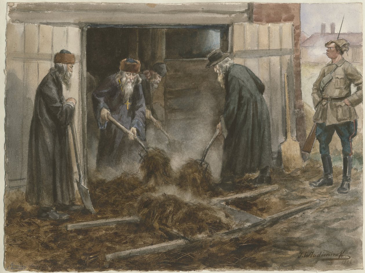 Clero russo che spalano fieno: settembre 1918 dalla serie di acquerelli Rivoluzione russa, 19 da Ivan Alexeyevich Vladimirov