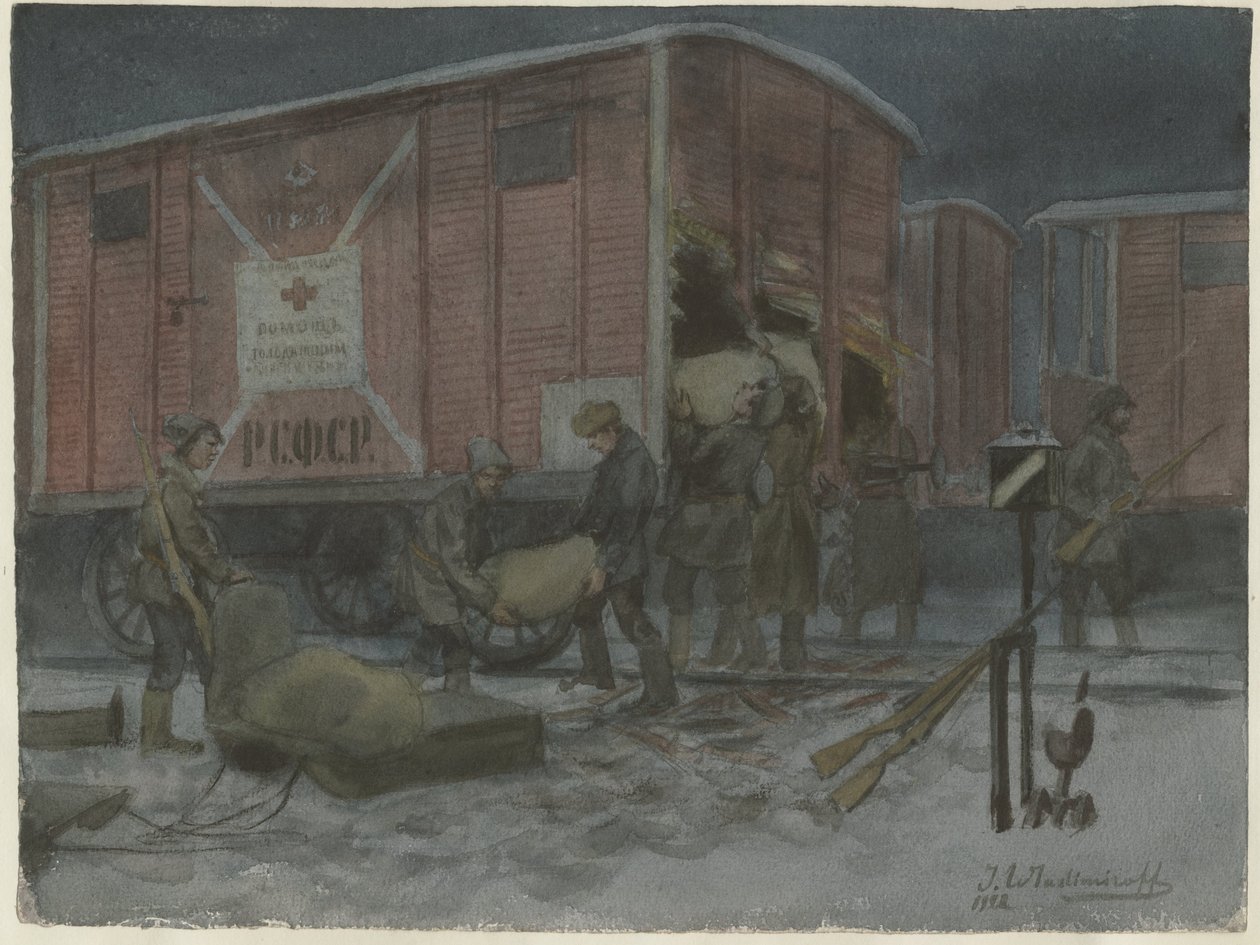 Soldati che saccheggiano un vagone ferroviario dalla serie di acquerelli Rivoluzione russa da Ivan Alexeyevich Vladimirov