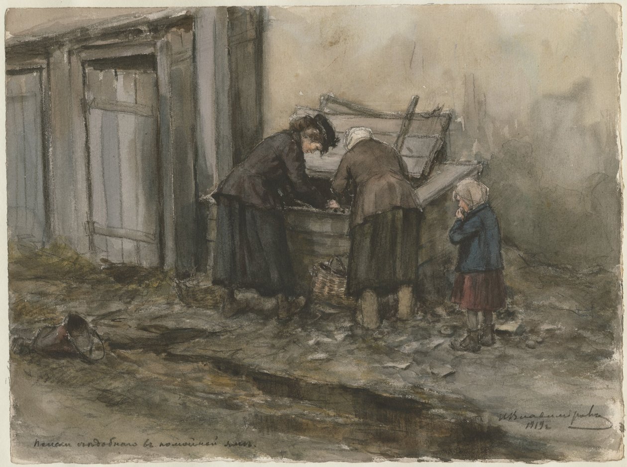 Due donne e un bambino che cercano in un bidone della spazzatura dalla serie di acquerelli Rivoluzione russa da Ivan Alexeyevich Vladimirov