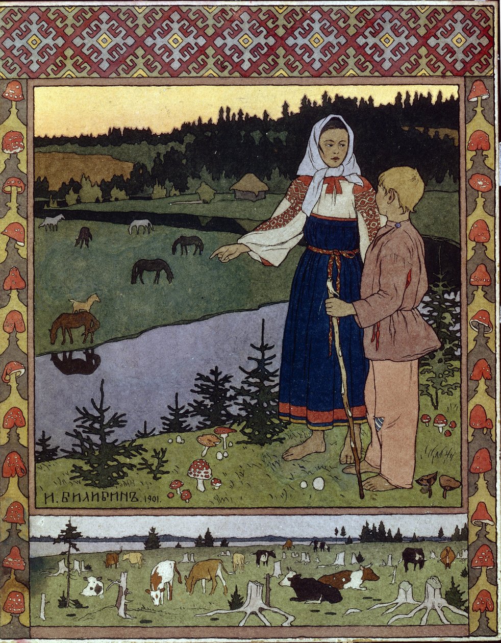 Illustrazione per la fiaba tradizionale Alyonushka e Ivanushka da Ivan Yakovlevich Bilibin