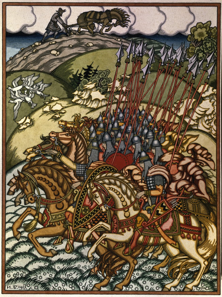 Volga Sviatoslavich e Mikula Selyaninovich da Ivan Yakovlevich Bilibin