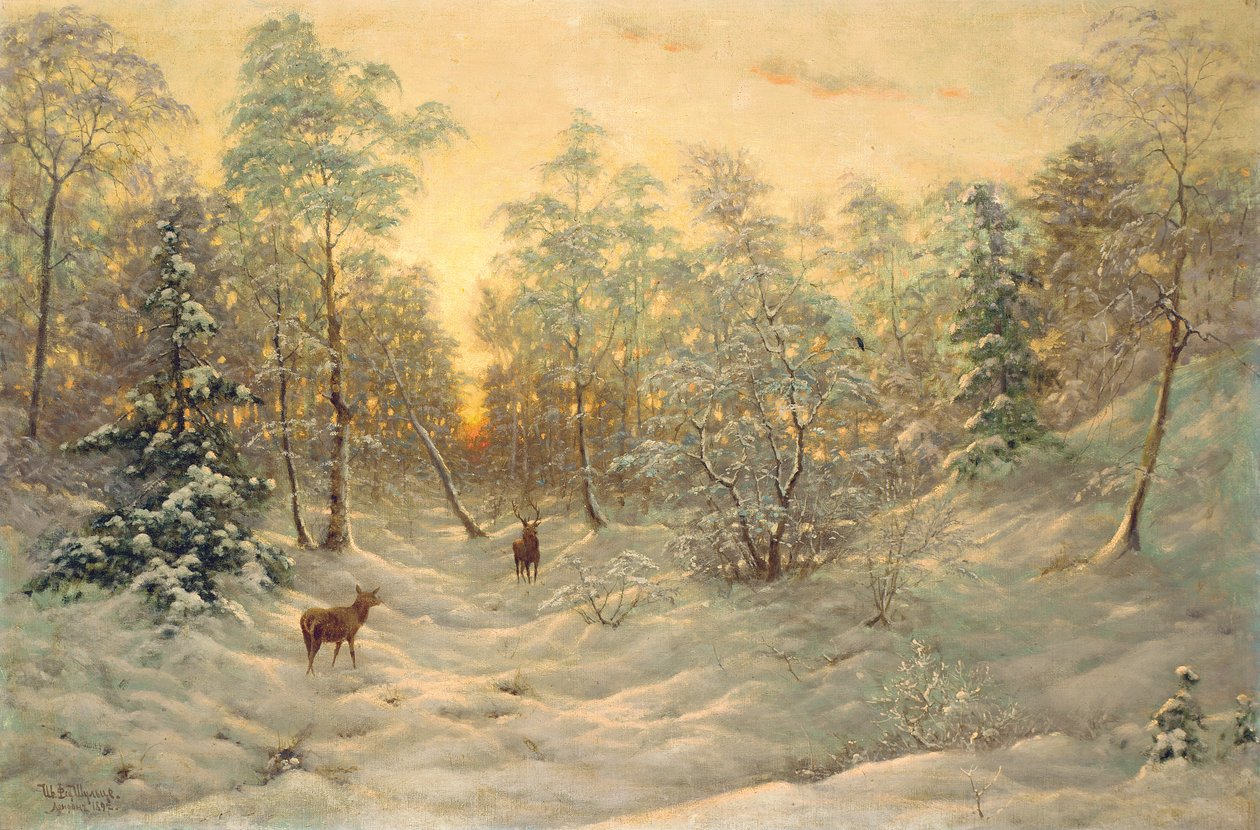 Cervi in un paesaggio innevato al crepuscolo da Ivan Fedorovich Choultse