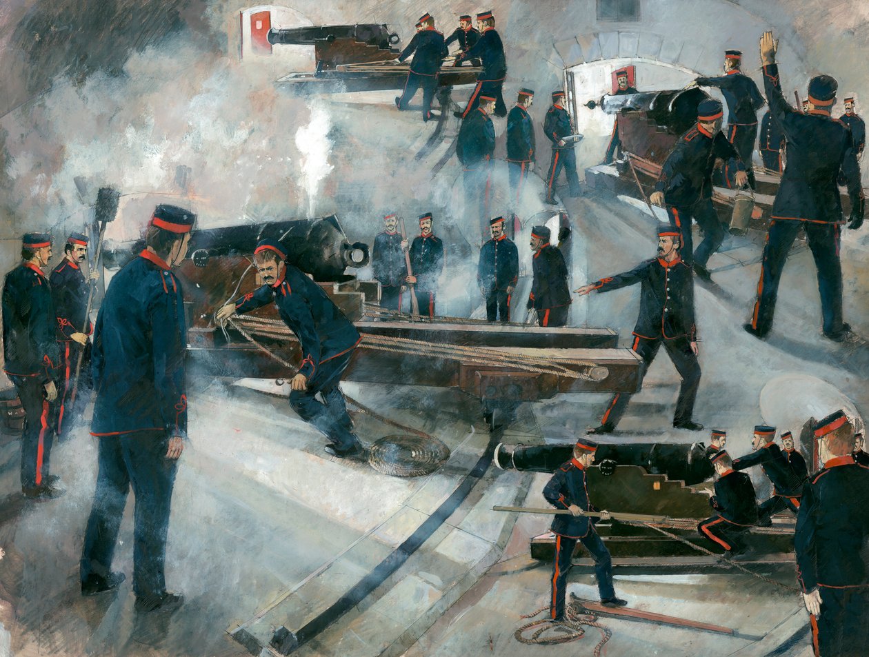 Equipaggio di artiglieria, casematte della batteria di Dartmouth Point, castello di Dartmouth, fine XIX secolo, 1990 da Ivan Lapper