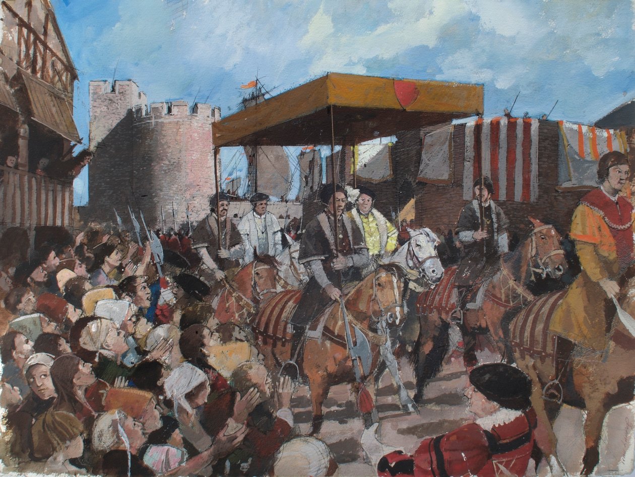 Veduta ricostruita del corteo di incoronazione del re Edoardo VI che lascia la Torre di Londra nel 1547 da Ivan Lapper