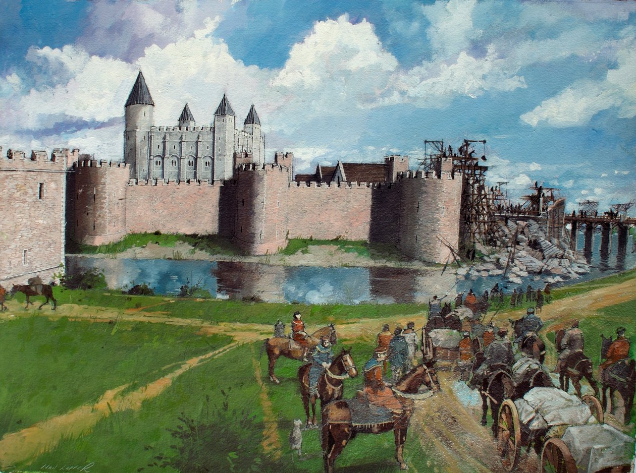 Veduta ricostruita della Torre di Londra da nord-ovest che mostra il portale crollato da Enrico III nel 1300 da Ivan Lapper