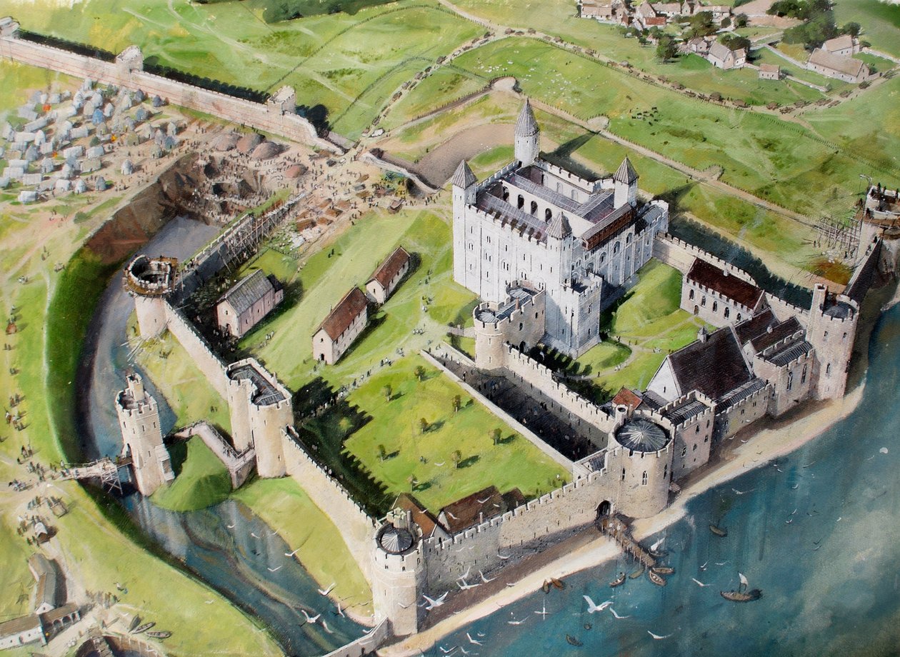 Veduta ricostruita della Torre di Londra da sud-ovest nel 1240 circa da Ivan Lapper