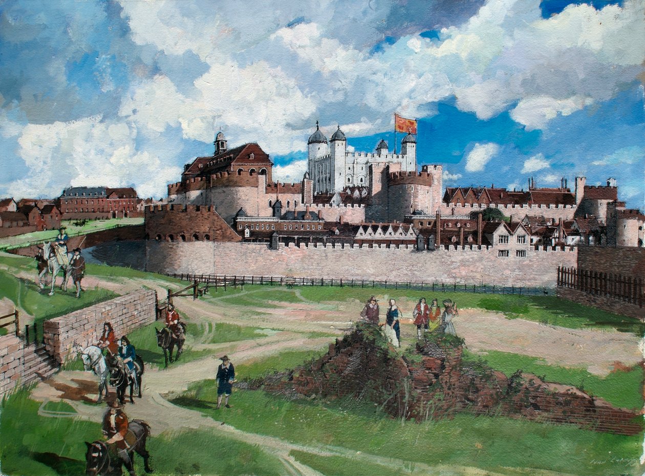 Veduta ricostruita della Torre di Londra da ovest nel 1700 circa da Ivan Lapper