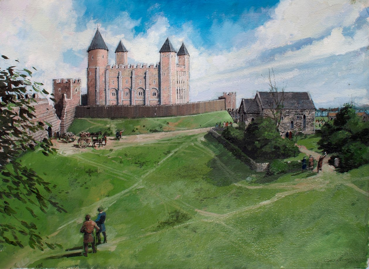 Veduta ricostruita della Torre di Londra nel 1100 circa da Ivan Lapper
