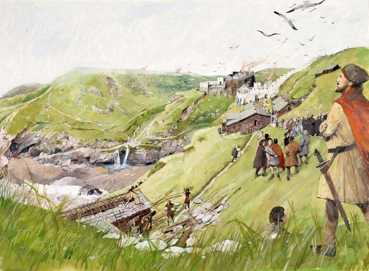 Il castello di Tintagel in epoca medievale (acquerello su carta) da Ivan Lapper