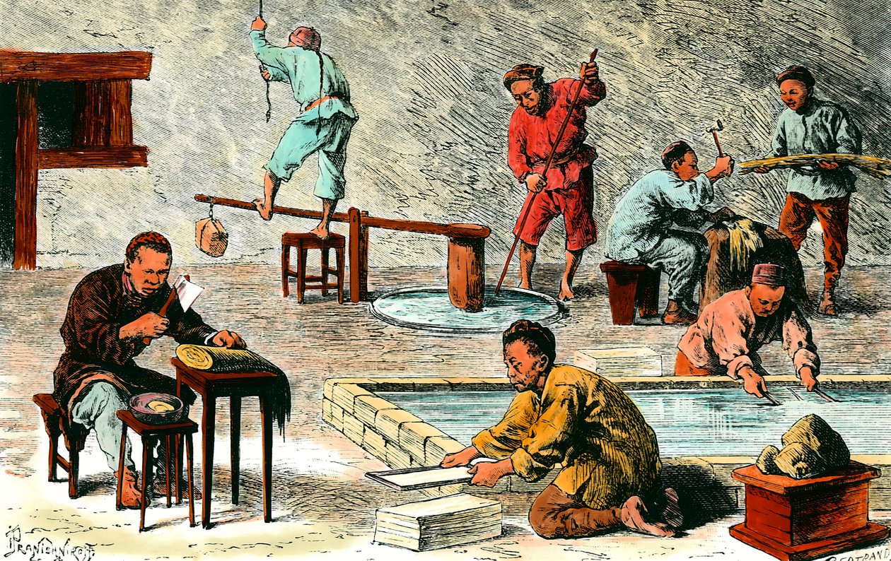 Fabbricazione della carta in Cina: diverse fasi di produzione dei fogli di carta dalla corteccia. Disegno di Ivan Pranishnikoff (XIX secolo). Collezione privata da Ivan Pranishnikoff