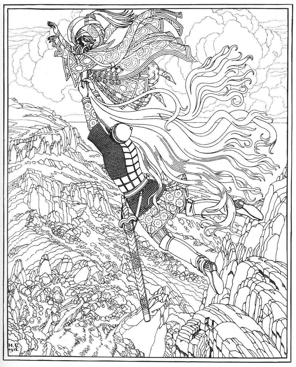 Fuga di Chernomor e Ruslan. Illustrazione al poema Ruslan e Ljudmila di A. Puškin, 1918 da Ivan Yakovlevich Bilibin