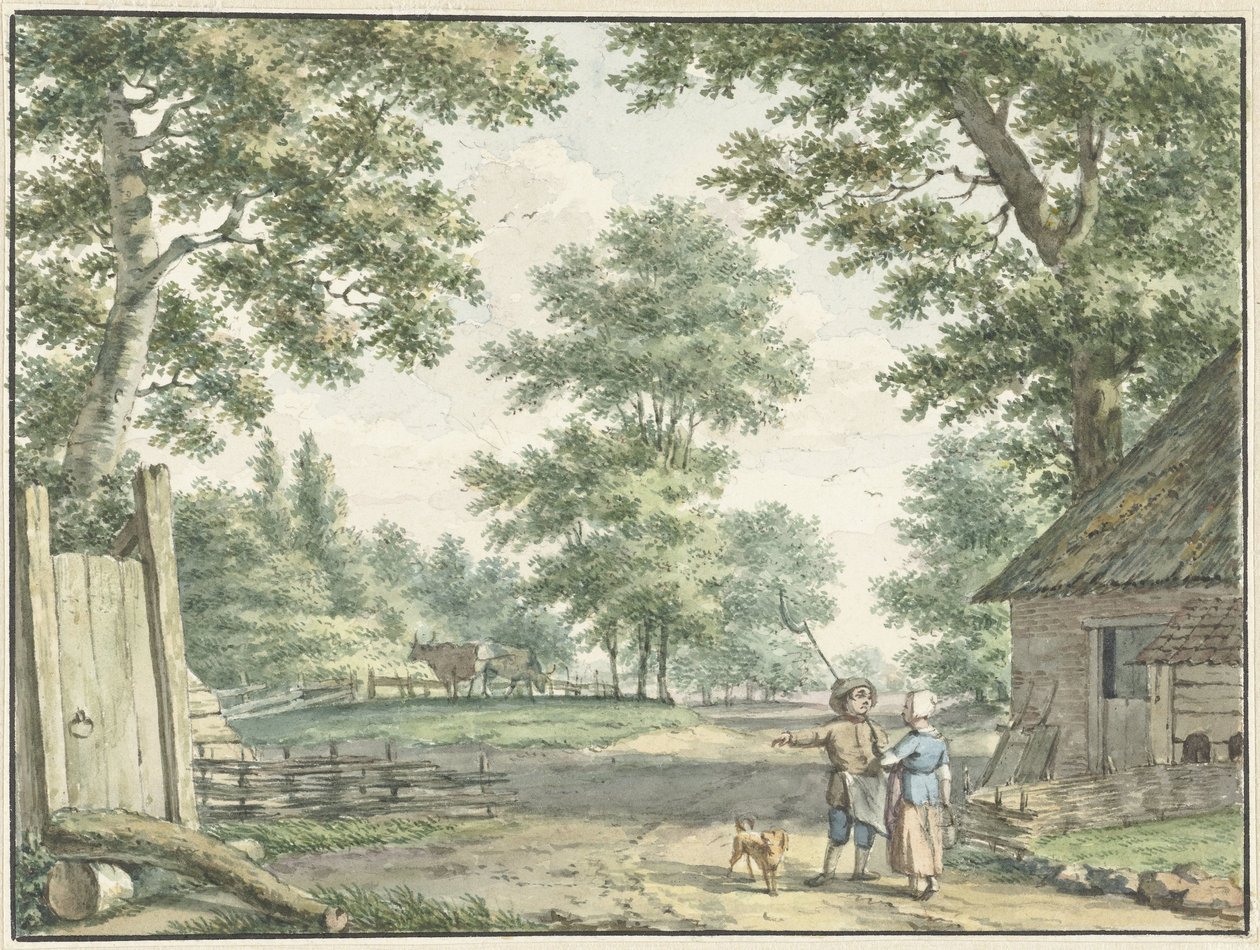 Paesaggio con due persone vicino a una casa colonica da Izaak Schmidt