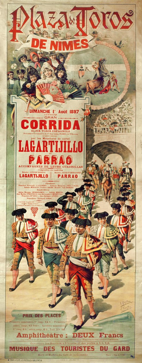 Poster pubblicitario di una corrida alla Plaza de Toros, Nimes, 1 agosto 1897, inciso da J. Ortega da J. and Pastor, E. Estellor