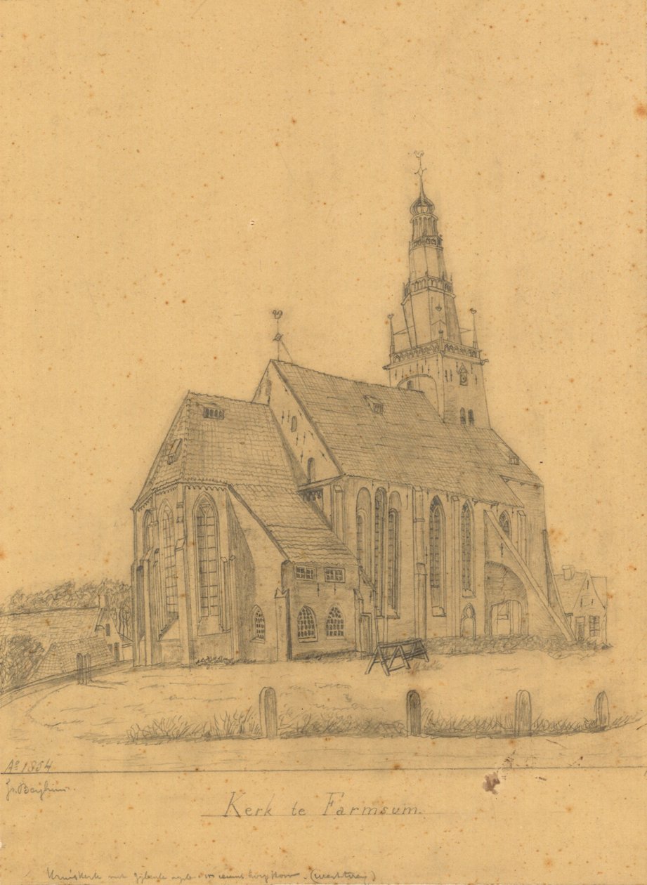 Disegno della vecchia chiesa di Farmsum prima della demolizione della torre nel 1855 (e della chiesa nel 1869) da J. Berghuis