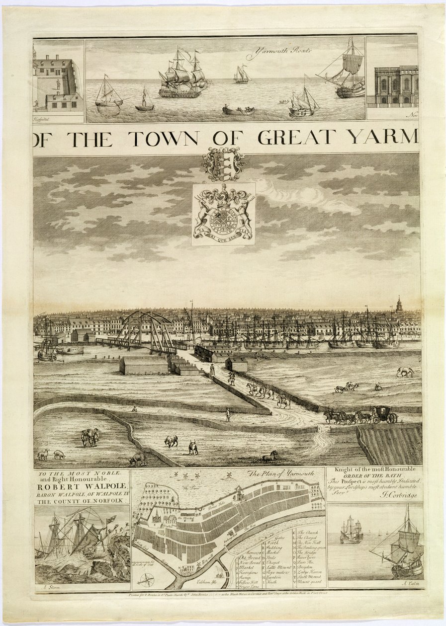 La prospettiva occidentale della città di Great Yarmouth nel Norfolk, incisa da John Harris da J. Corbridge